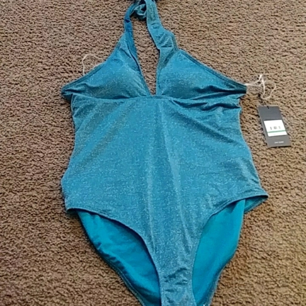 Jones New York One Piece Halter Swimsuit Teal W/ Shimmer